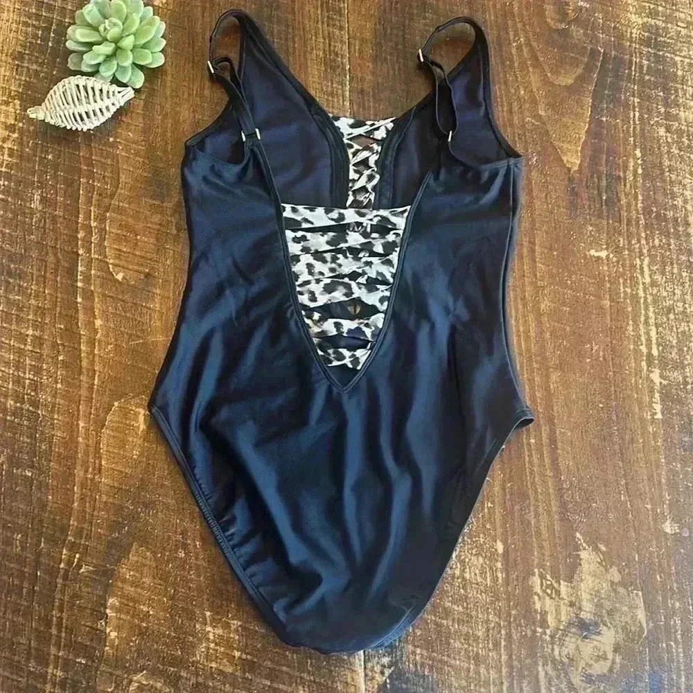 BLEU | Rod Beattie | Black Lace-Down One Piece Swim Suit, Animal Print Laces - Picture 5 of 8